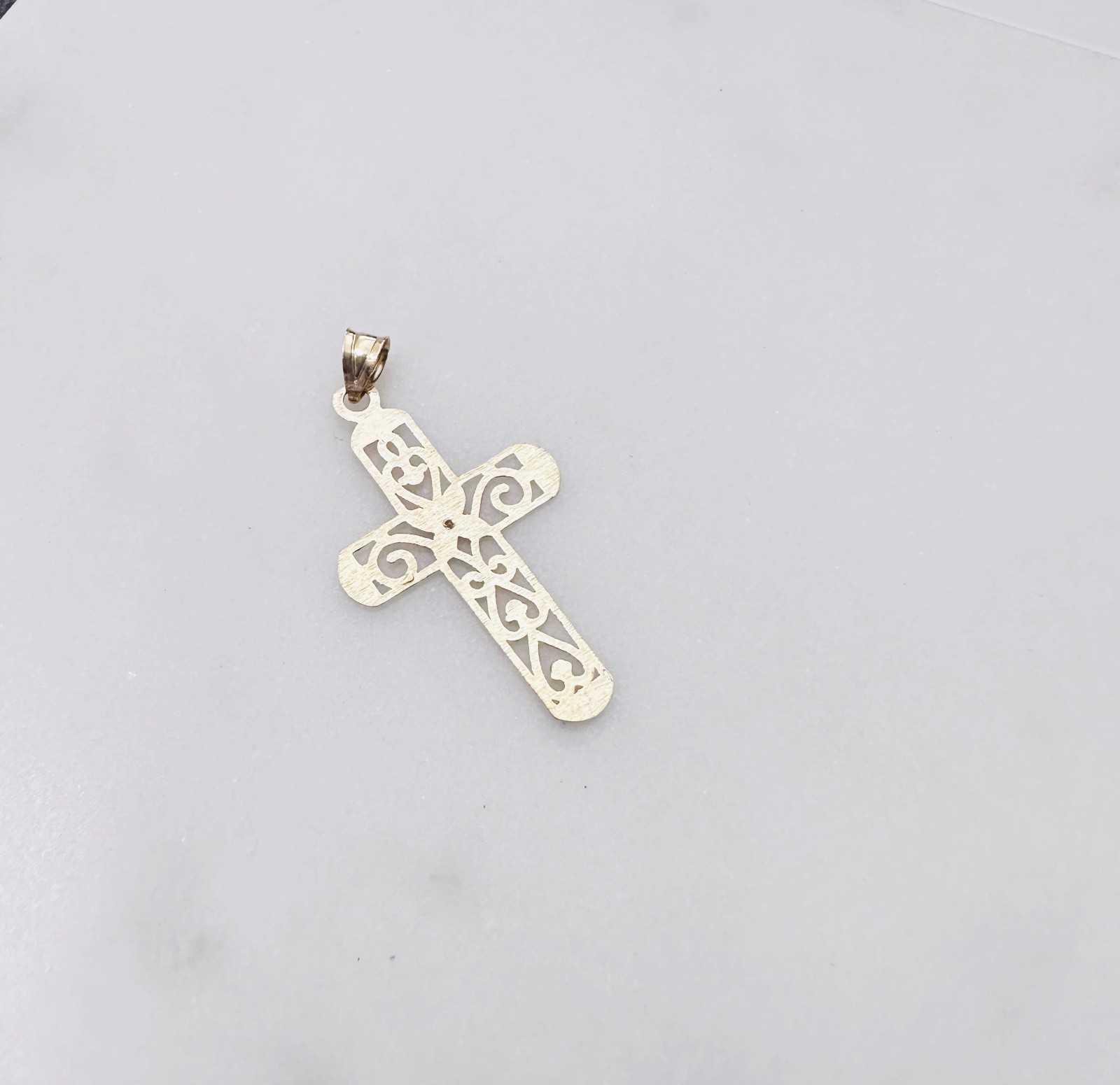 Solid 10K Multi-Tone Gold Filigree Cross Pendant w/White Sapphire Accent, 1.15″