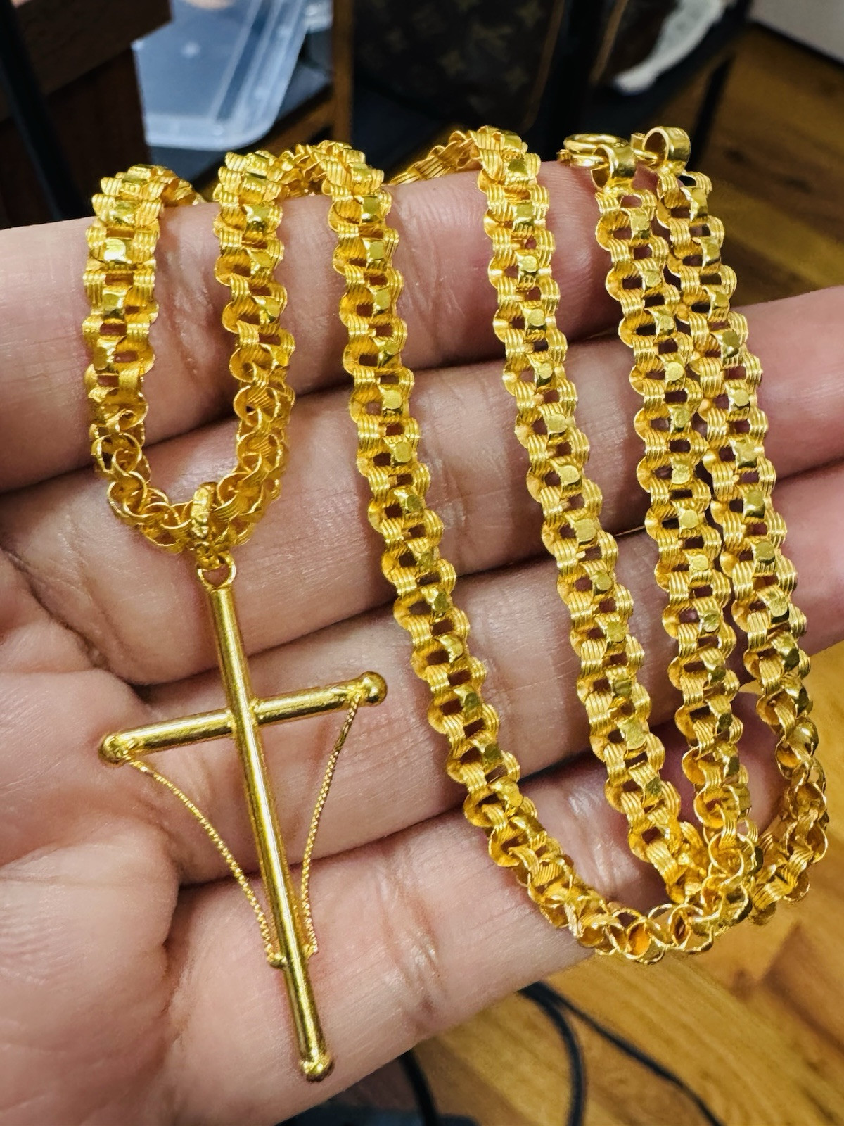 Solid Genuine 22K 916 Dubai Gold Rare Cross Necklace 17.5/18 Inch 6mm 21.72g
