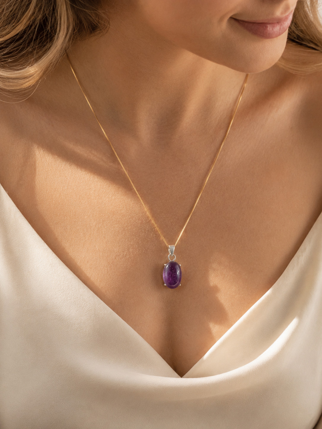 Purple Gemstone Oval Pendant Silver Tone Cabochon Jewelry Gift for Women