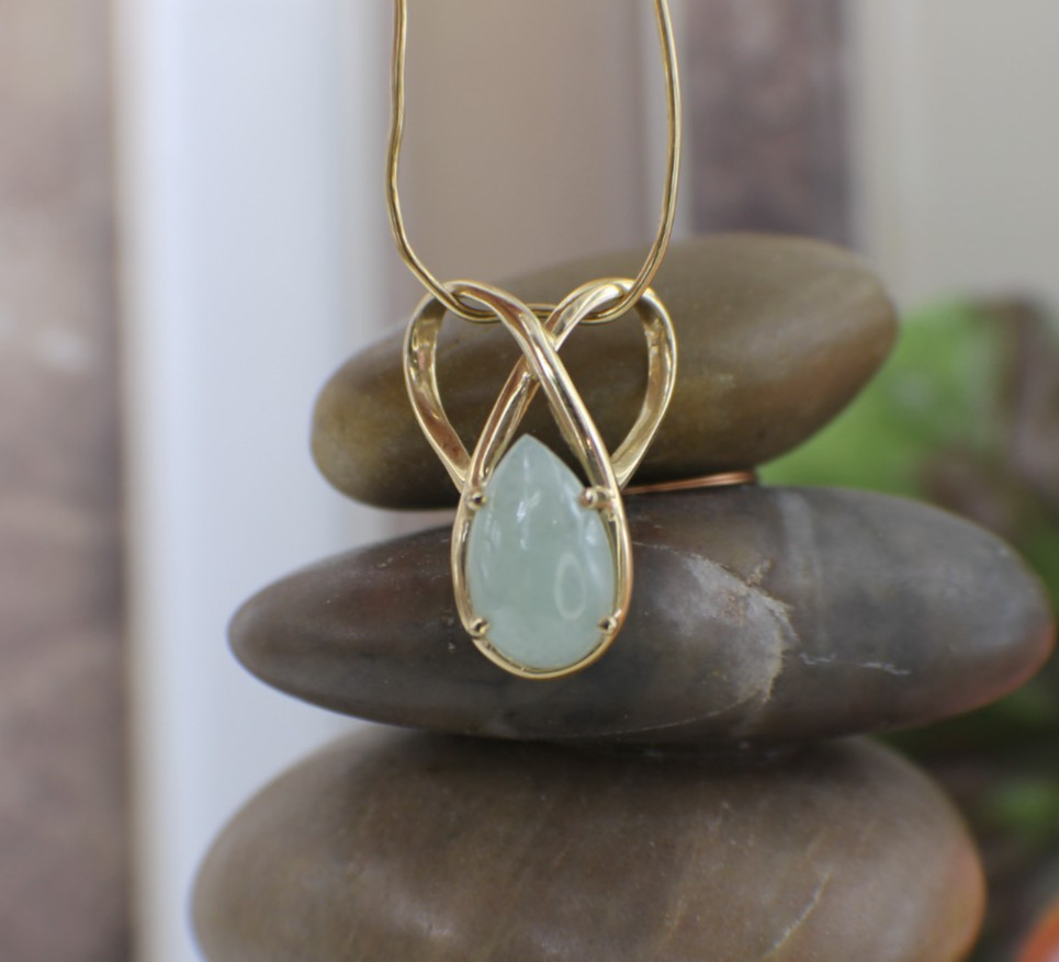 Solid 14K Yellow Gold Green Jade Infinity Knot Slide Suspender Pendant Pear Cut
