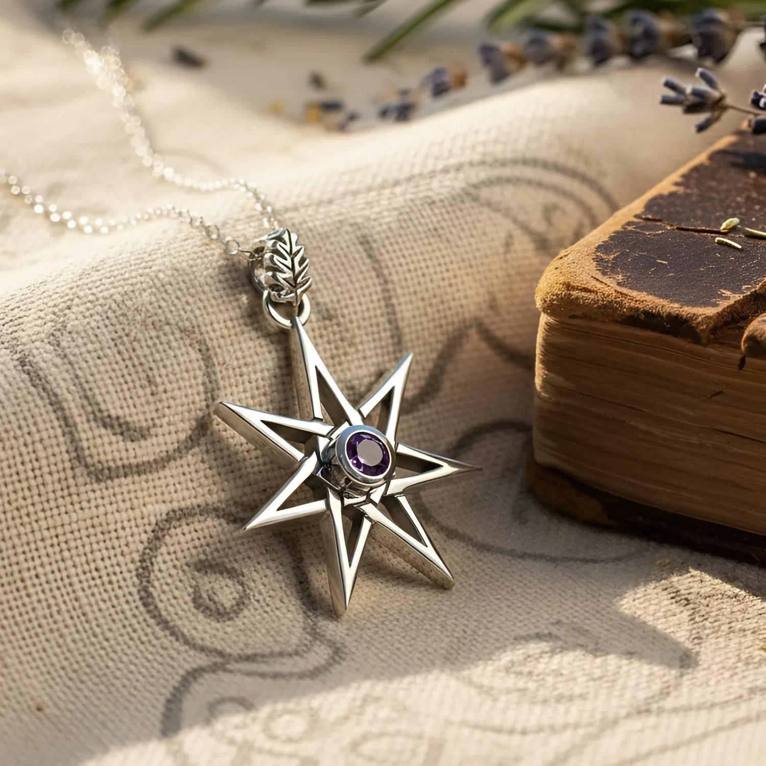 Sterling Silver Septagram with Amethyst Fairy Wicca Faerie Magic Star Jewelry
