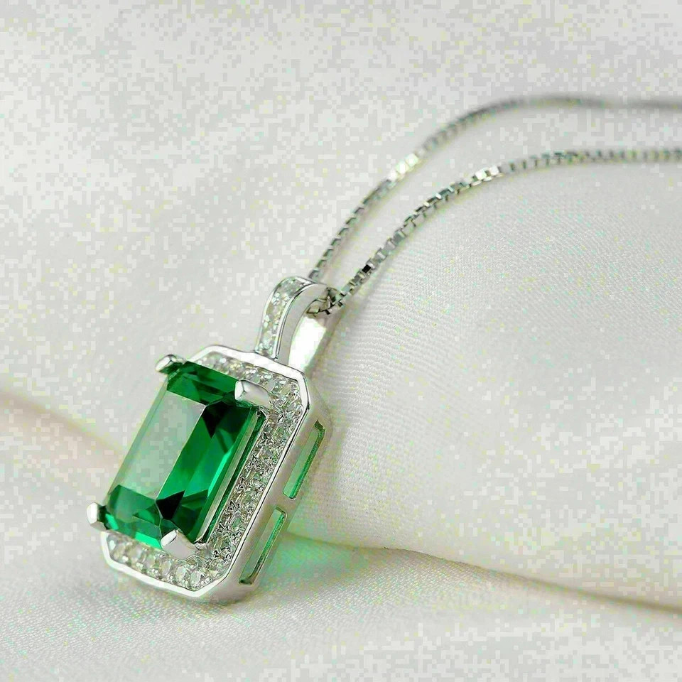 14k White Gold Plated Emerald Lab Created Green Emerald Wedding Pendant Necklace
