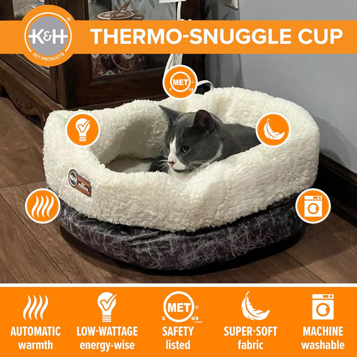 Heated Cat Bed Indoor, Thermo-Snuggle Cup Bomber Soft Heated Pet Bed for Large I