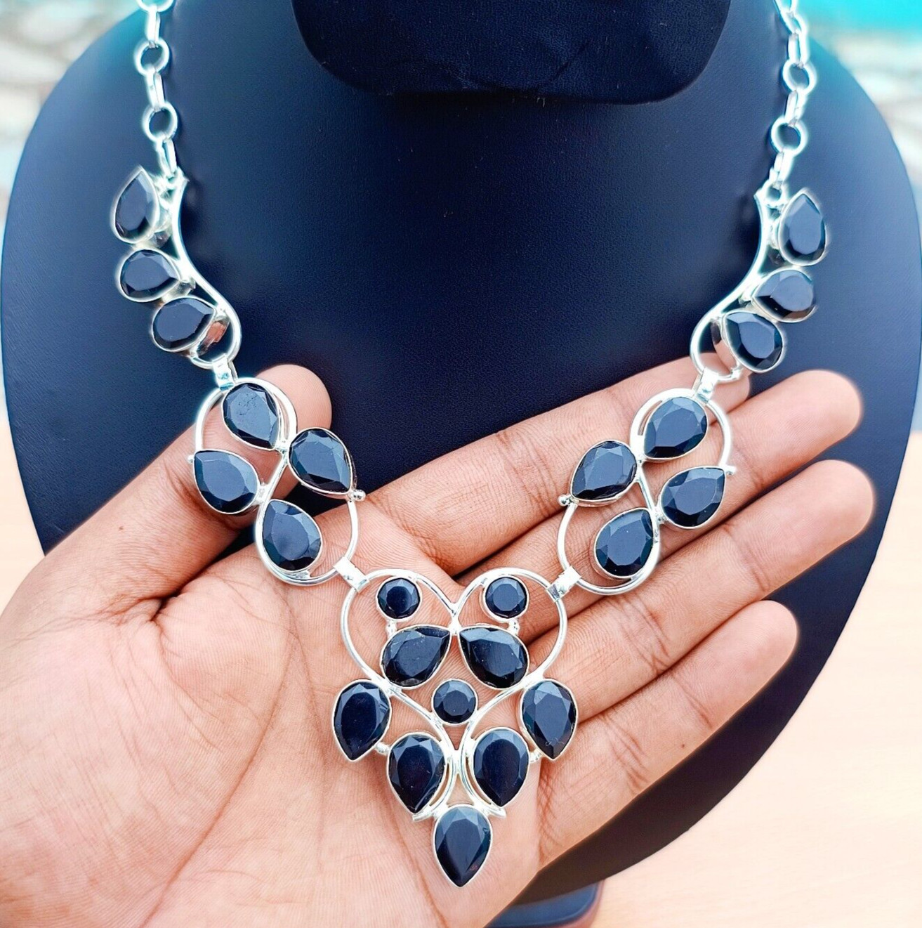 Black Onyx Natural Gemstone Necklace 925 Sterling Silver Handmade Jewelry Gift
