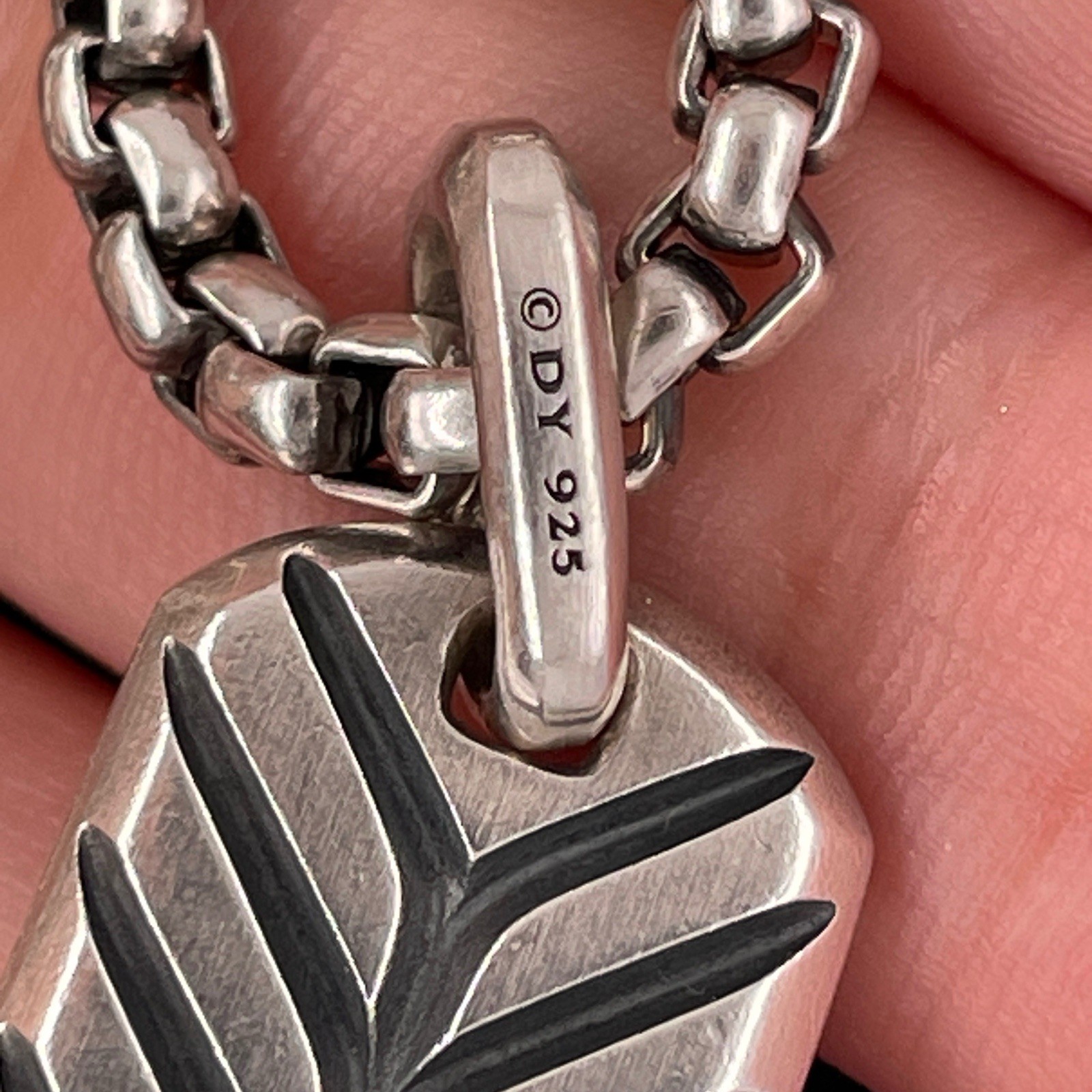 David Yurman Silver Black Diamonds Chevron Tag Pendant Necklace $2600 / 27mm