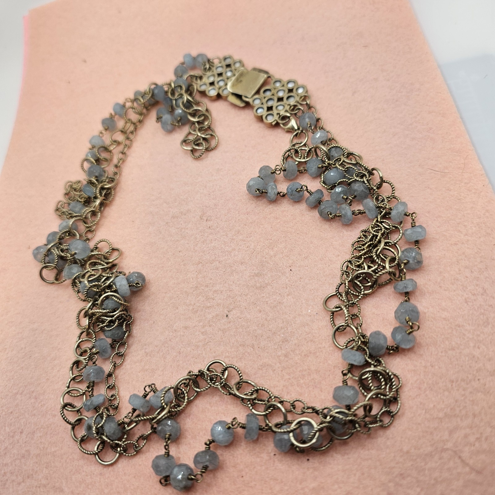 Safia Aquamarine Necklace Vintage 925 multi chain Box pearl fold over clasp 36″