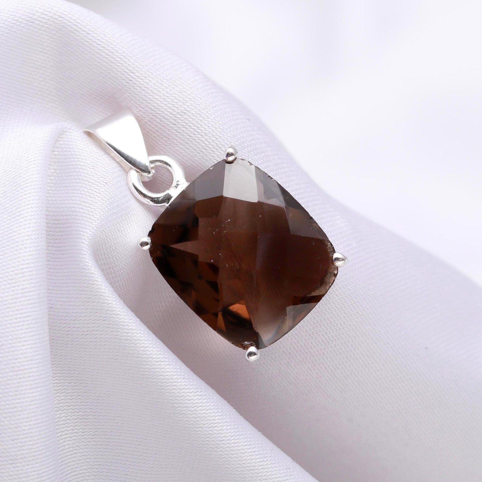 Smoky Quartz Cushion Pendant 925 Silver Mens Engagement Gift For Him