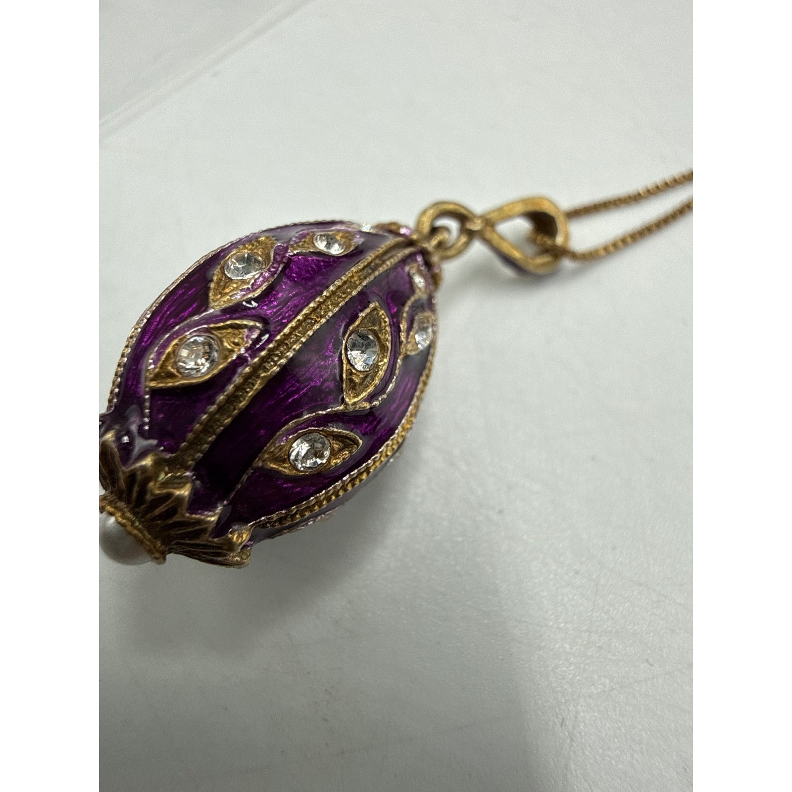 Sterling Silver Purple Enamel Egg Pendant Necklace Gold Tone Crystal Pearl 21in