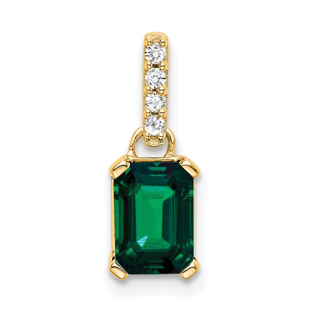 14k Yellow Gold 7×5 Emerald-cut May/ Created Emerald and Diamond Charm Pendant