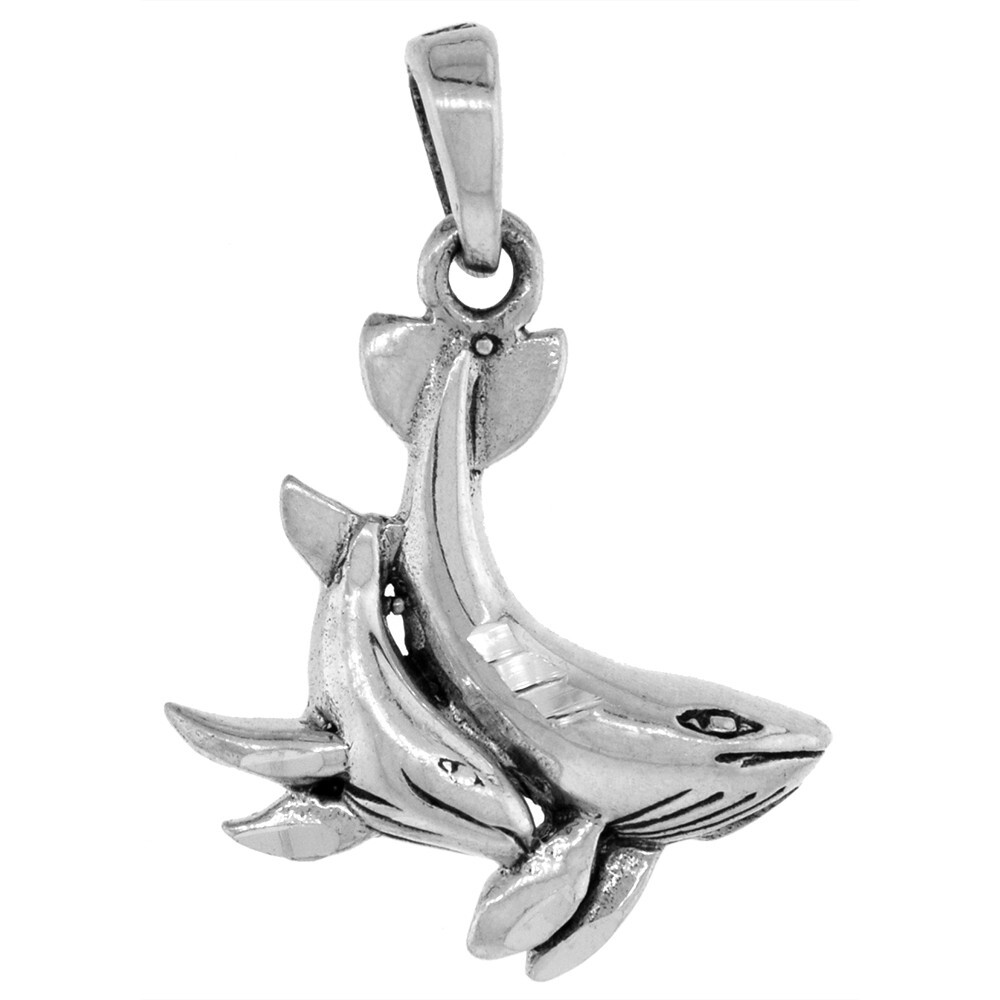 925 Sterling Silver Adult and Calf Whales Charm Pendant 1 1/4 Inch (31mm) Tall