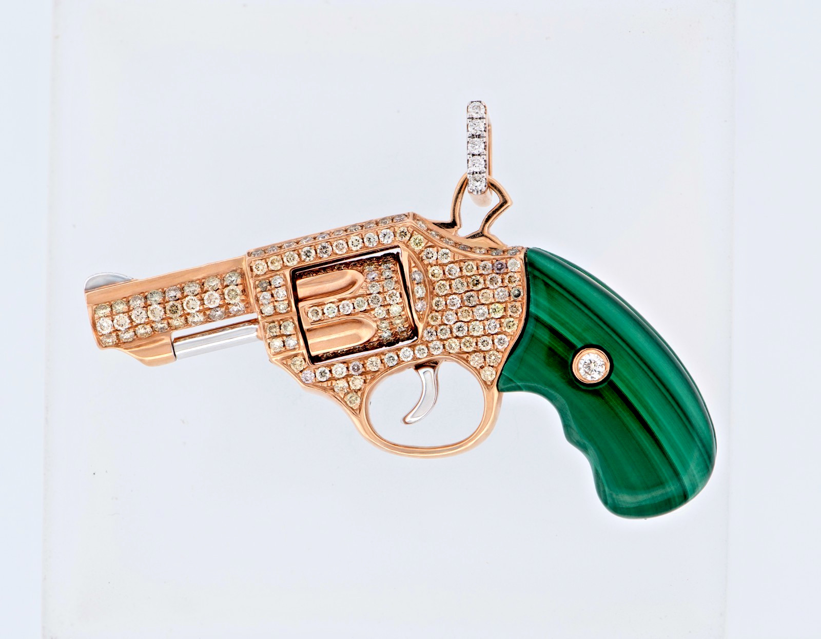 18K Yellow Gold 2.76 CTW Fancy Diamond Revolver Pendant Malachite 20.1g