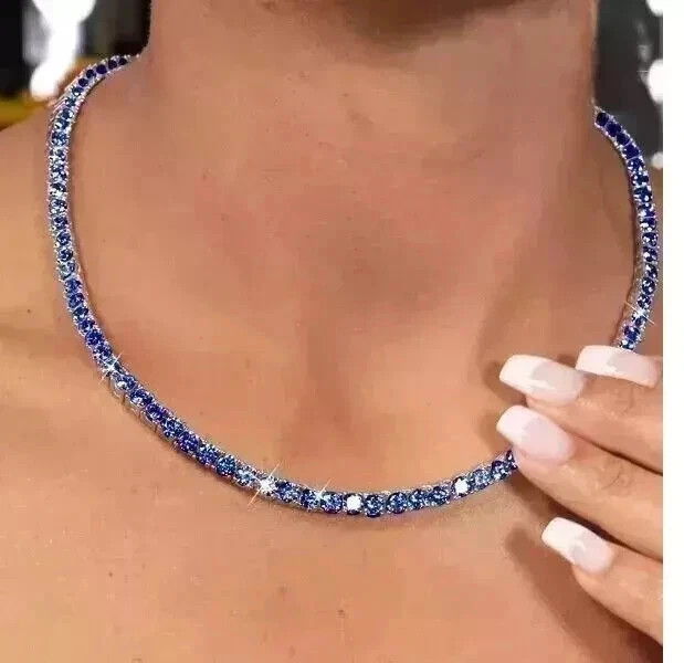 12Ct Lab Created Round Blue Tanzanite Tennis Necklace 14K White Gold Plated 16′