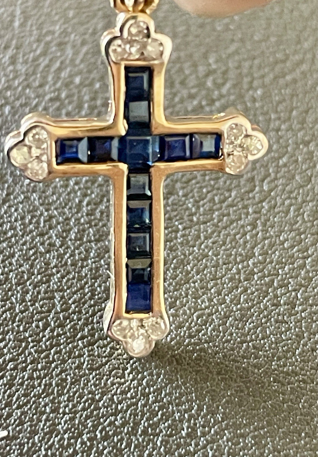 14KT Y/W Gold 1.00CTW Blue Sapphire & 0.12CTW Diamond Cross Pendant (K142)