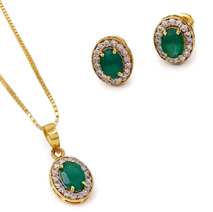 0.98ct Natural Round Diamond 14k BIS Hallmarked Yellow Gold Emerald Pendant Set