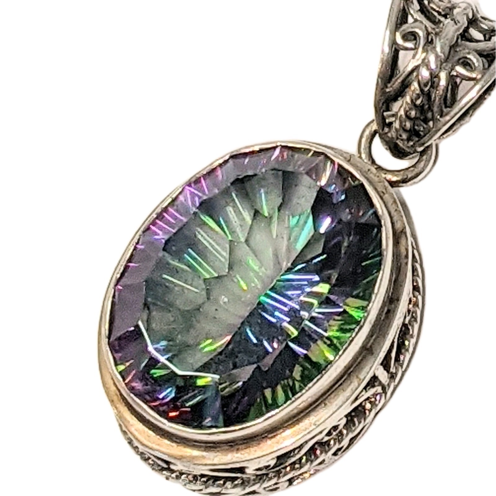 22.8ct Quantum Cut Bezel Set Mystic Topaz Sterling Silver Filigree Pendant 1.5″