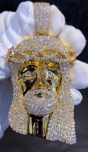 Real Moissanite 3Ct Round Cut Jesus Face Pendant 14k Yellow Gold Plated Silver