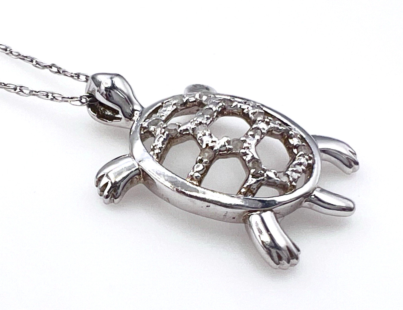 Vintage Signed NC 925 Sterling Silver Diamond Sea Turtle Pendant Necklace