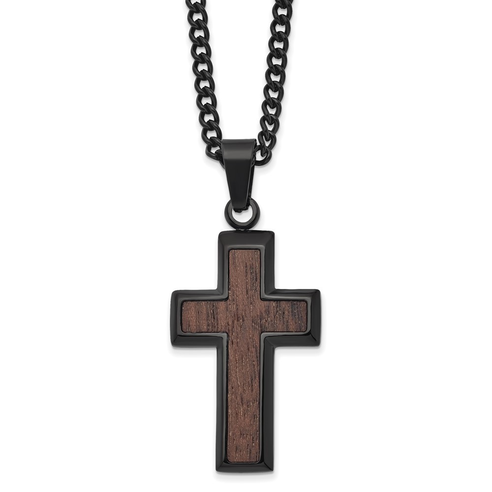Stainless Steel Black IP-plated with Wood Inlay Cross Pendant Necklace 24″
