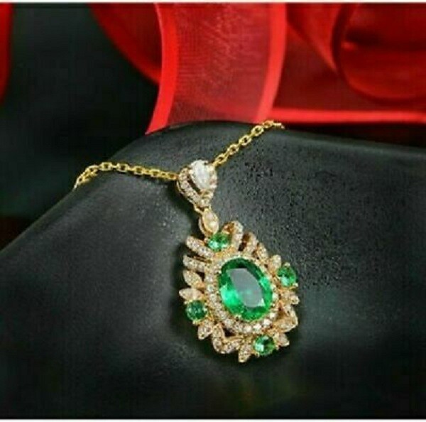 3.80Ct Oval Cut Green Emerald Halo Pendant 14K Yellow Gold Finish 18″ Free Chain