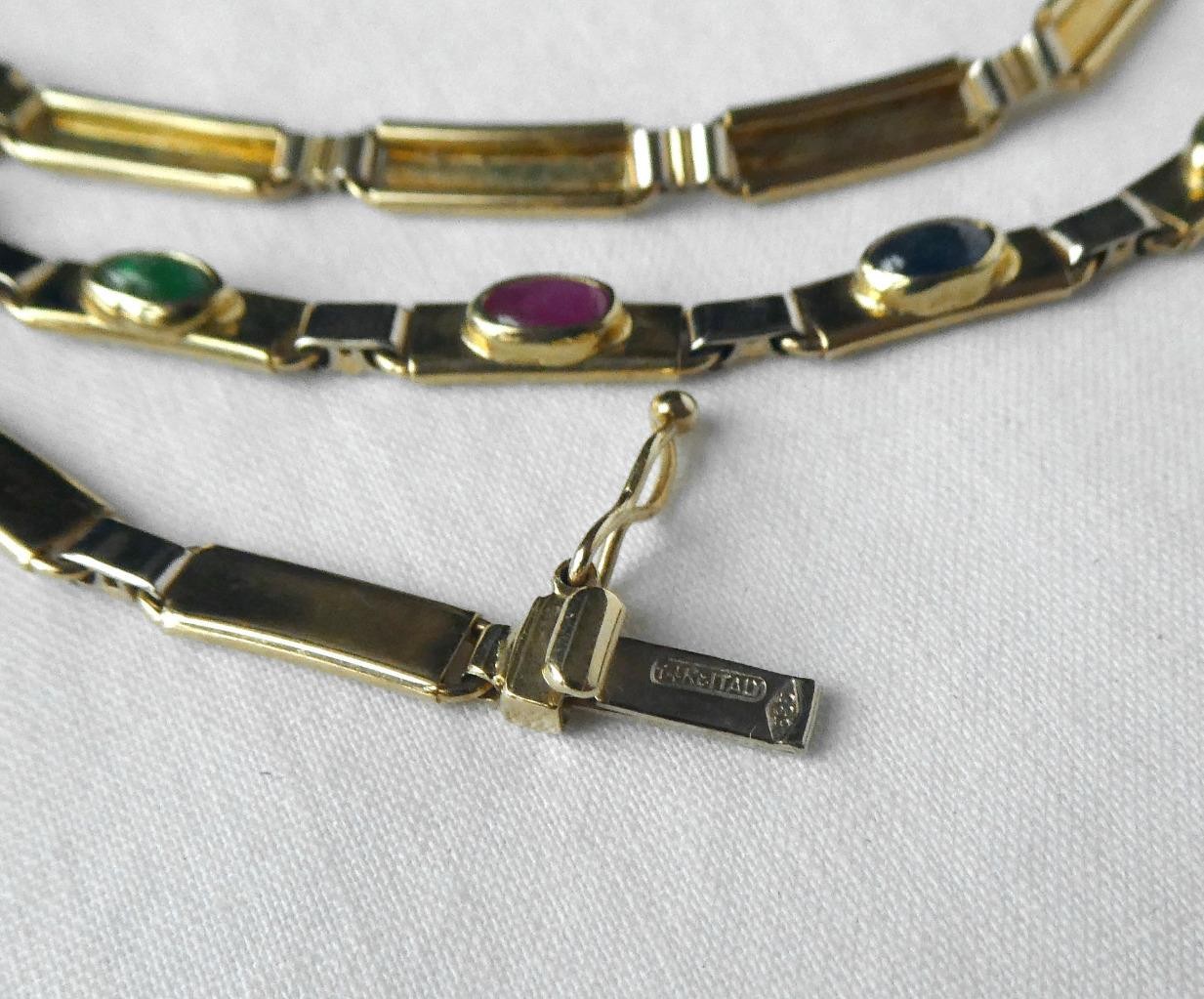 14k Gold Emerald Ruby Sapphire Multi Gems Cabochon Necklace Italy 14.3gr 17.5″