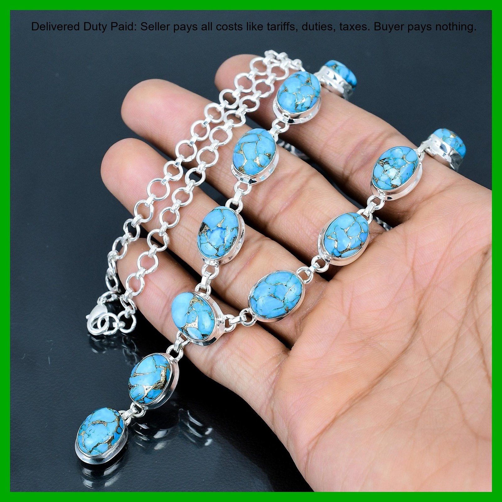 Sterling Silver Copper Blue Turquoise Gemstone Wedding Chain December Necklace