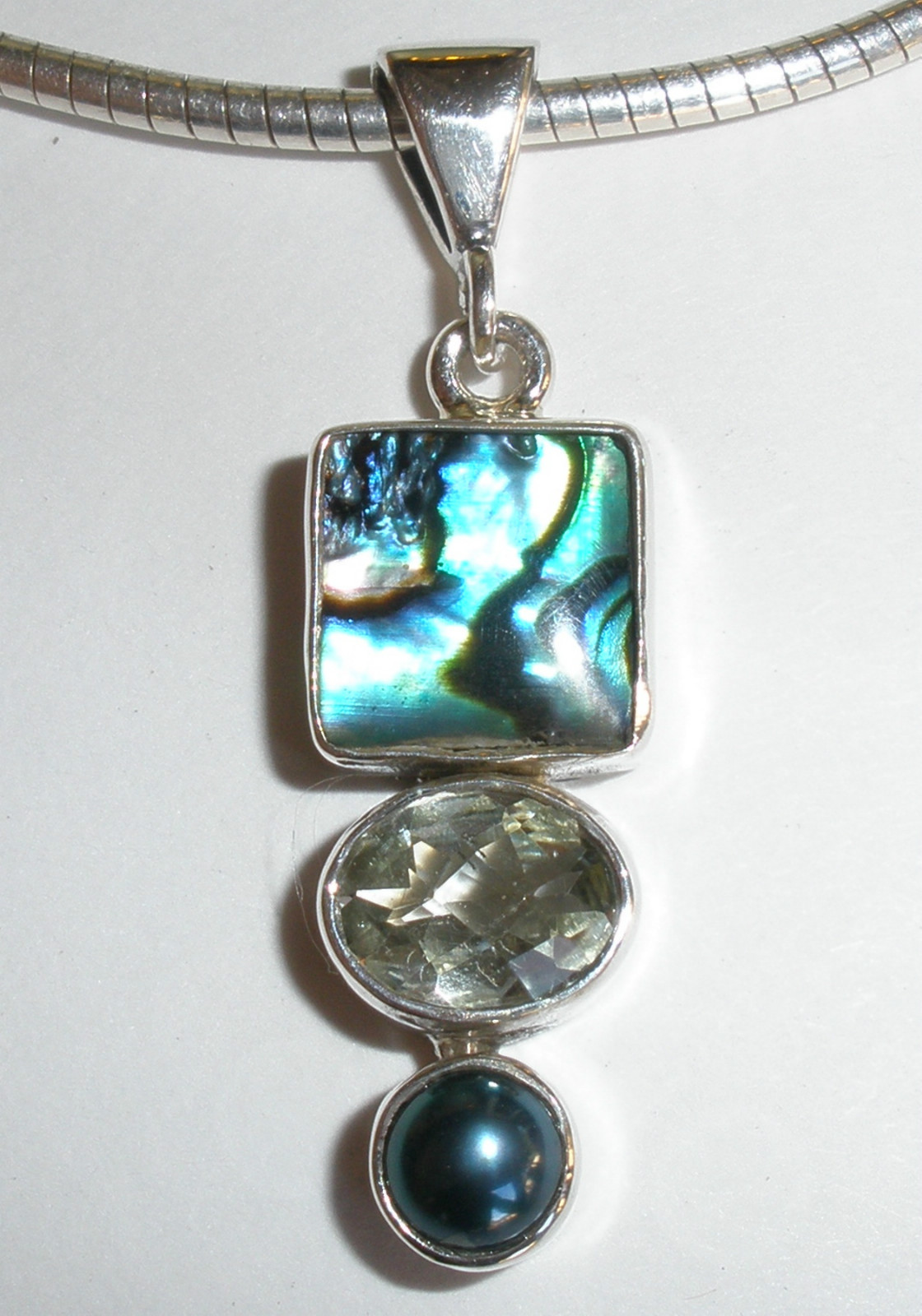 925 Silver Abalone Shell White Topaz Black Pearl Pendant (chain not included)
