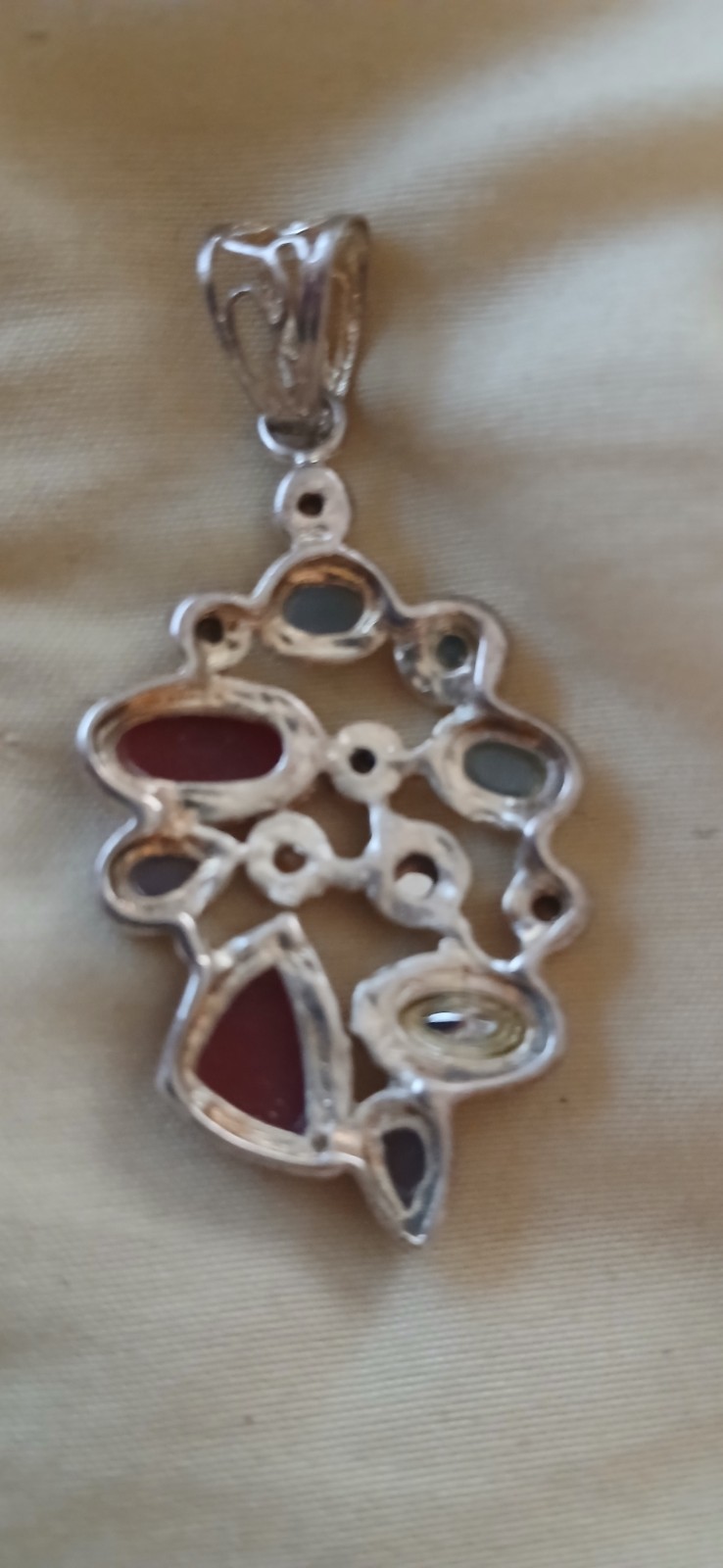 Sterling Silver 925 Multicolor Gemstone Statement Pendant Bezel Asymmetrical