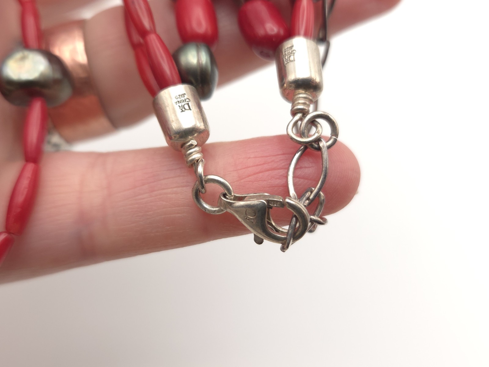 Desert Rose Trading Sterling Silver Black Baroque Pearl Red Coral Necklace