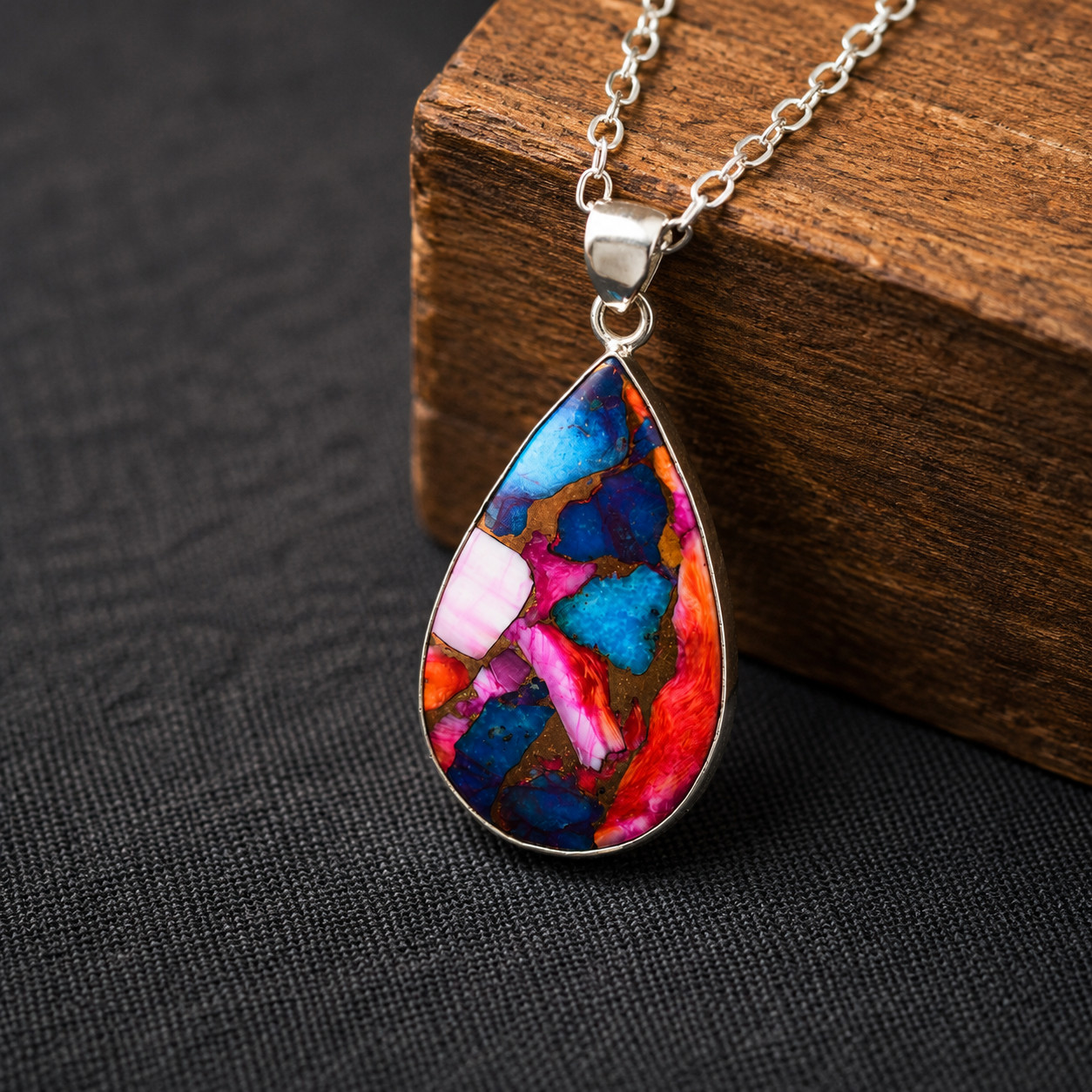 Kingman Spiny Oyster Turquoise Teardrop Pendant Necklace 925 Silver Free Chain