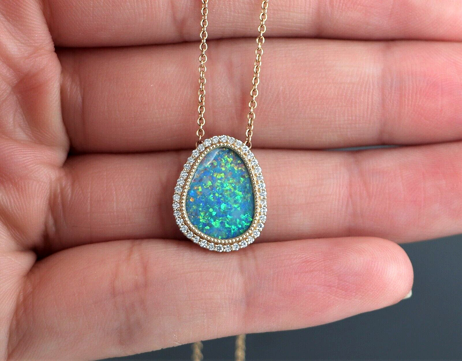 14k Yellow Gold 0.20ct Pave Set Diamond Inlaid Opal Beaded Pendant 16” Necklace