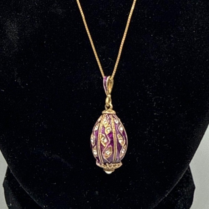 Sterling Silver Purple Enamel Egg Pendant Necklace Gold Tone Crystal Pearl 21in
