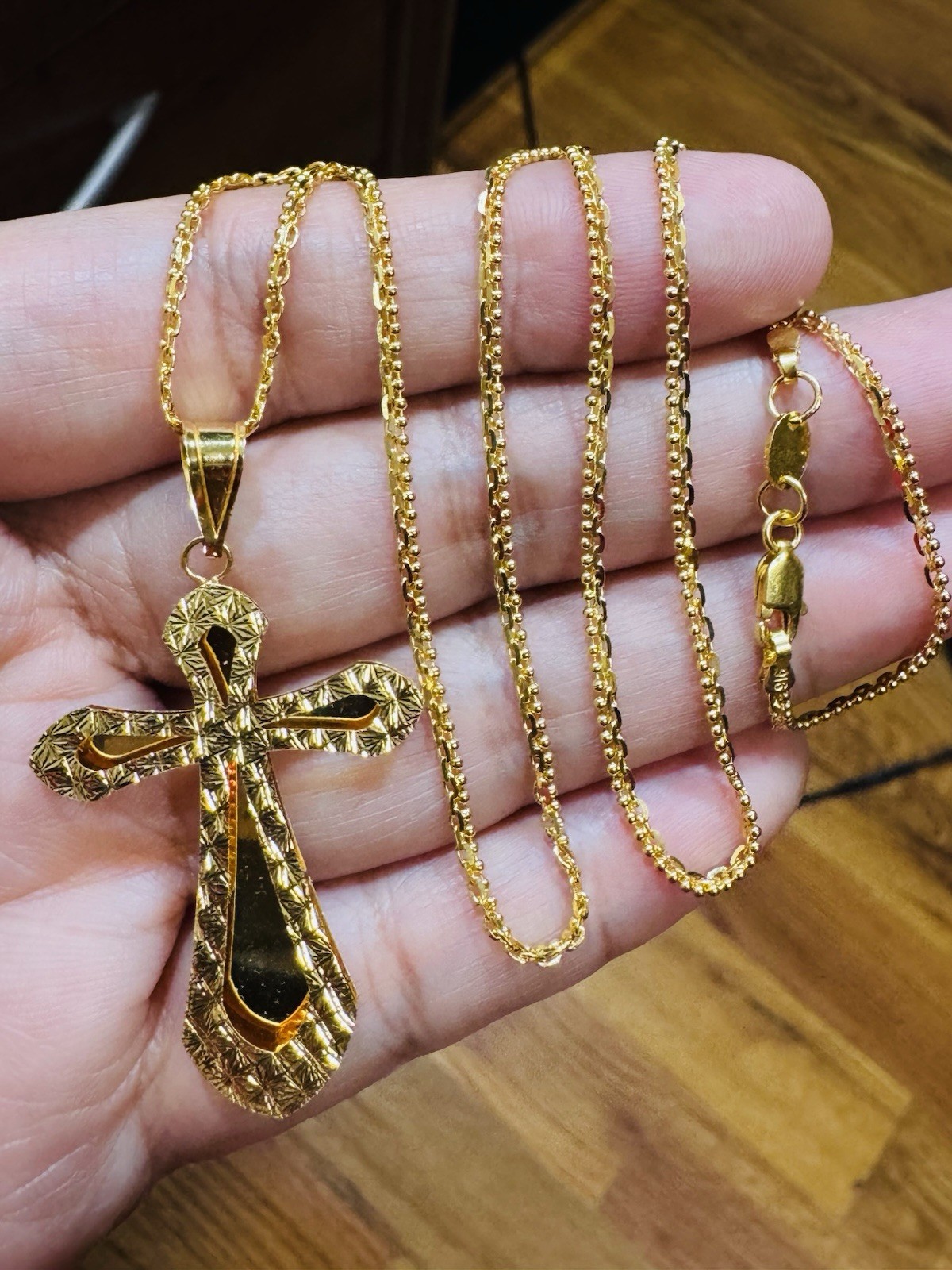 Saudi Dubai 22K Solid 916 Real Gold Cross Set Necklace 20” Long 9.55g 2.2mm
