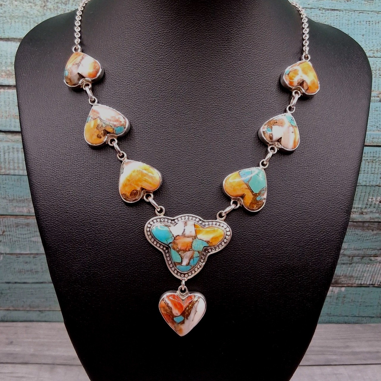 Southwestern Spiny Oyster Turquoise Necklace 19in Y Drop Design Sterling Silver