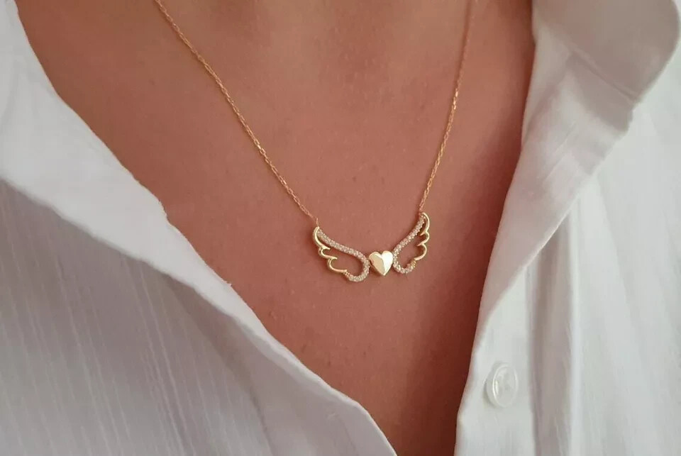 0.20Ct Round Cut Diamond Angel Wings Pendant 14K Yellow Gold Finish Free Chain