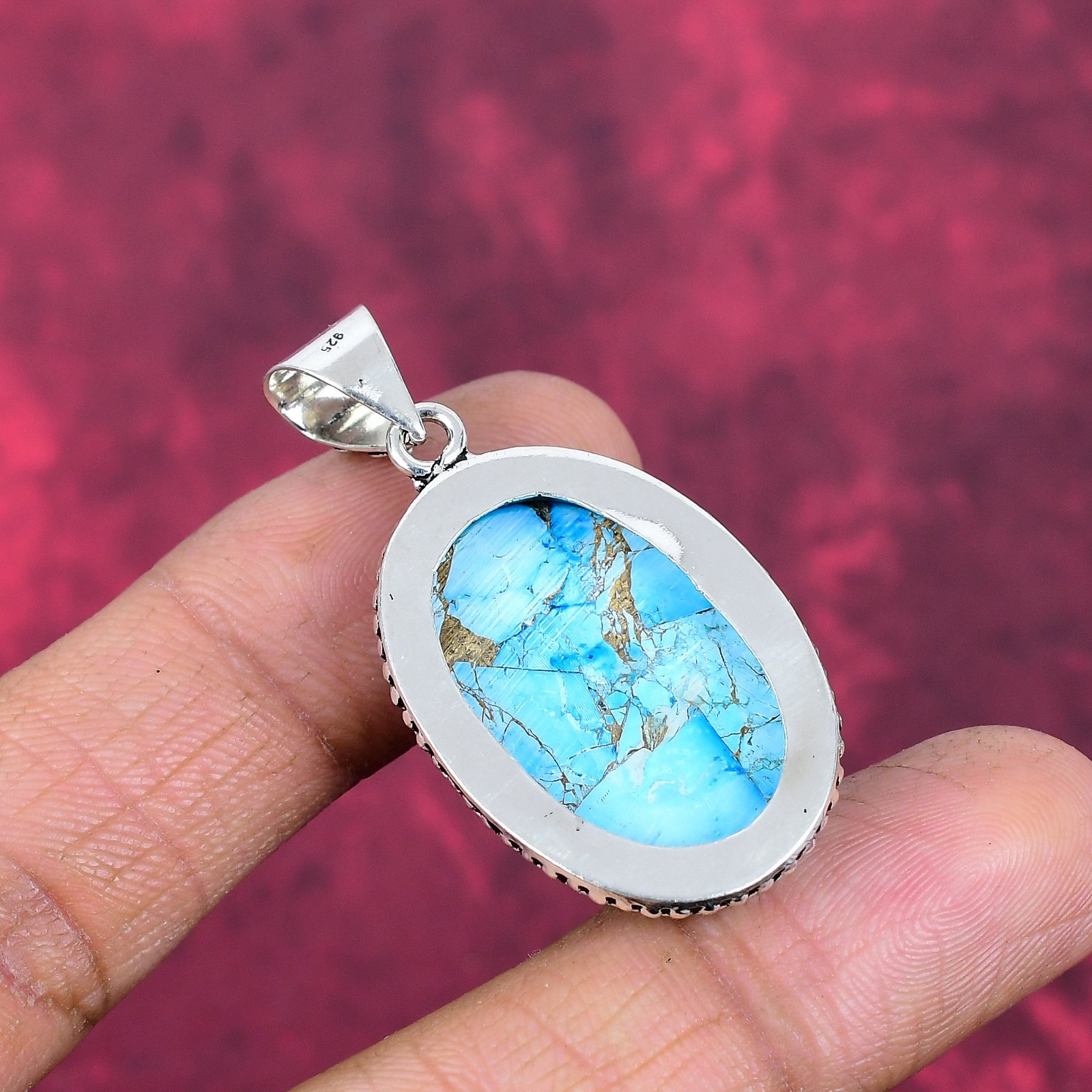 Blue Copper Turquoise Gemstone Handmade 925 Sterling Silver Jewelry Pendant