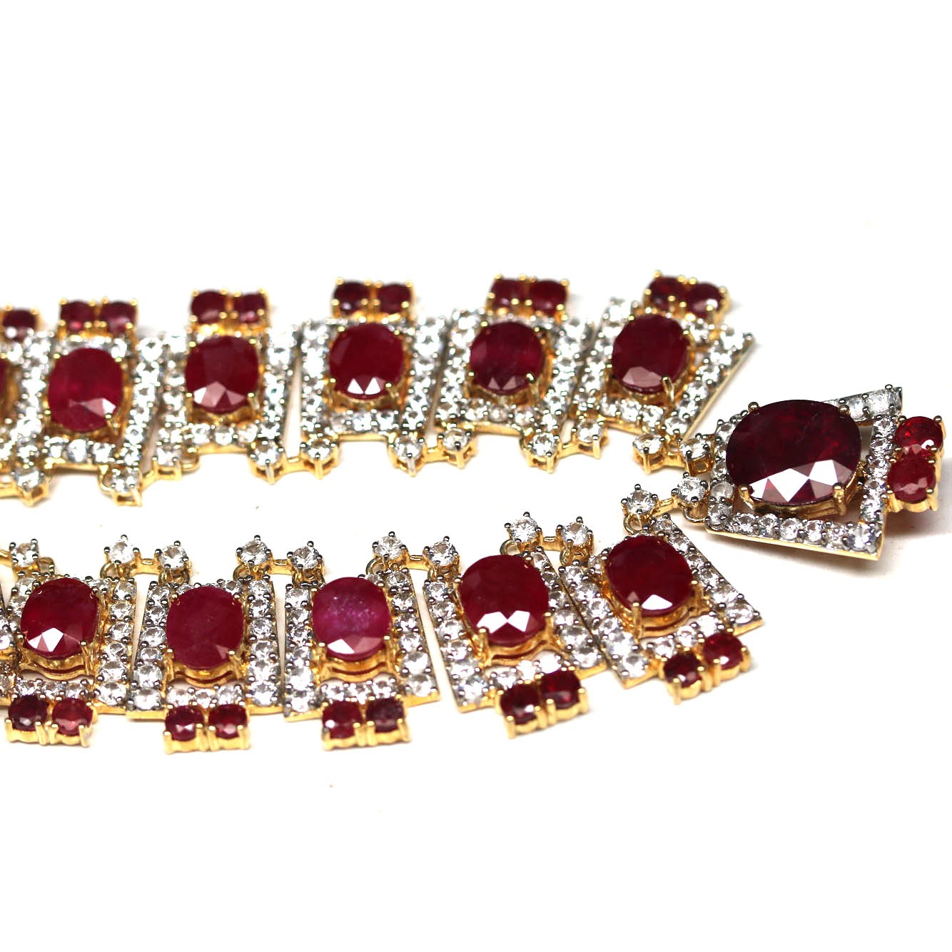 Handmade 925 Silver Red Ruby Zircon Necklace 16.5 in 18K Gold Plated
