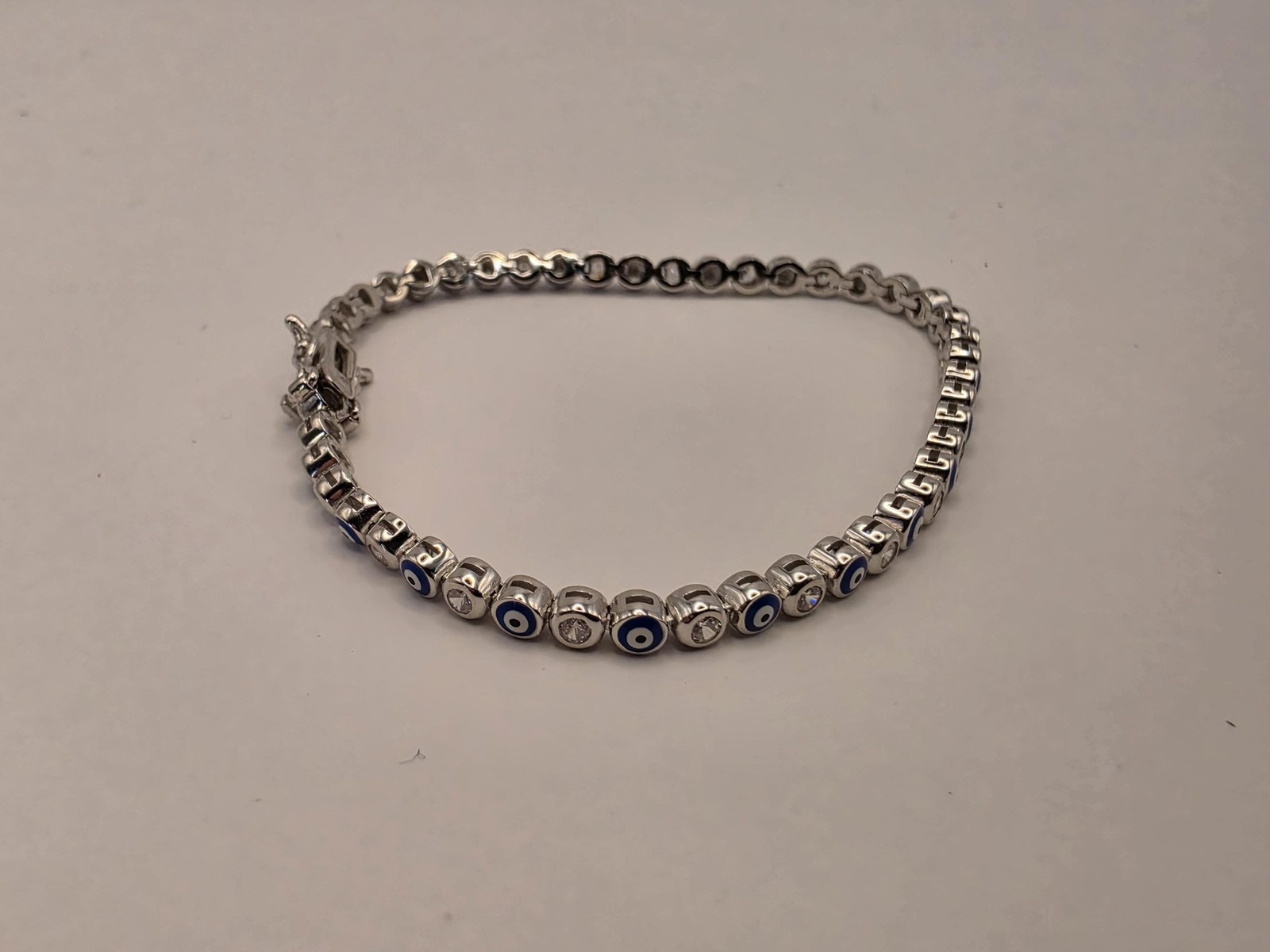 Sterling Silver Evil Eye Tennis Bracelet | 925 Silver | 7.5 Inch | Blue & White