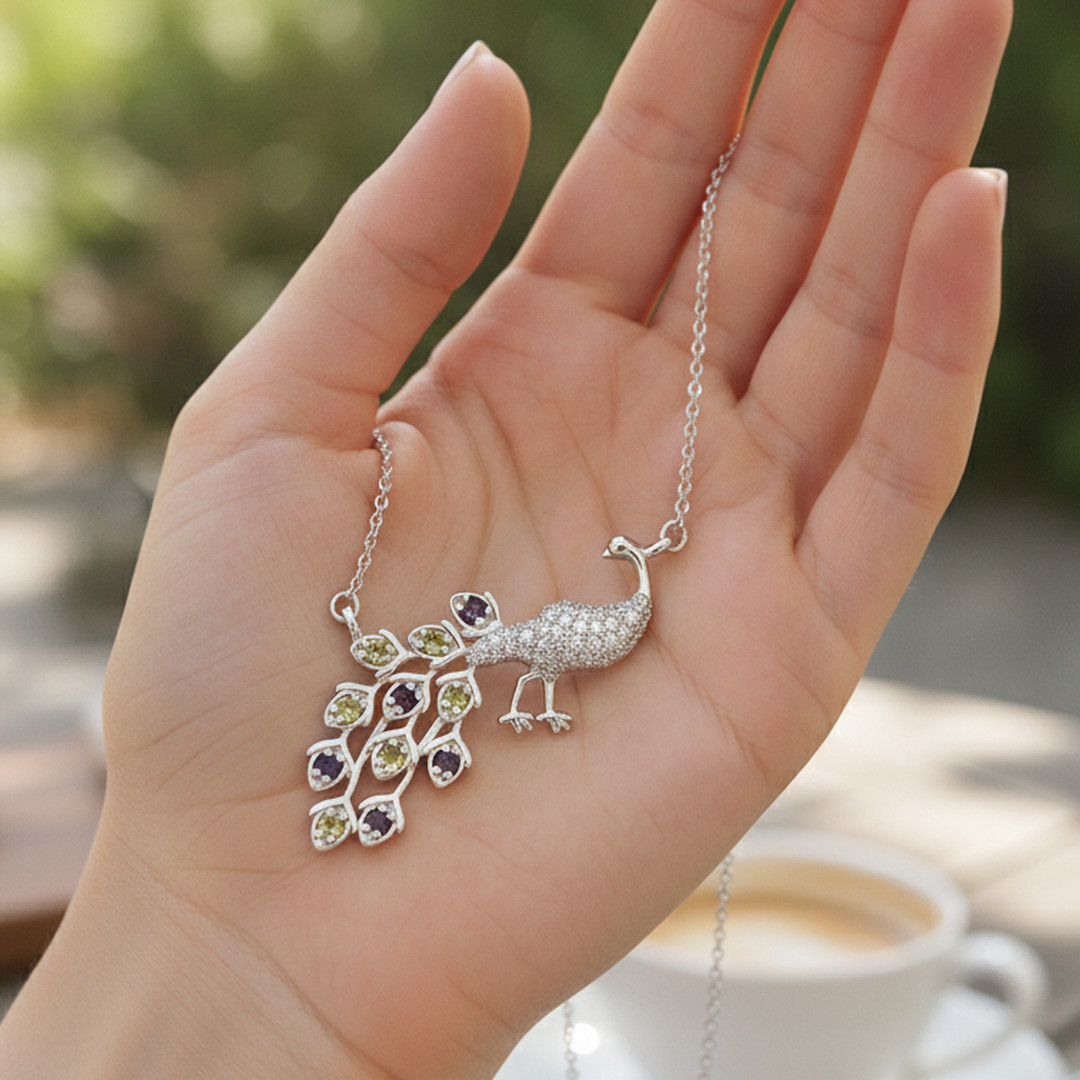 Amethyst Peridot & White Topaz Peacock Necklace Bird Pendant For Women
