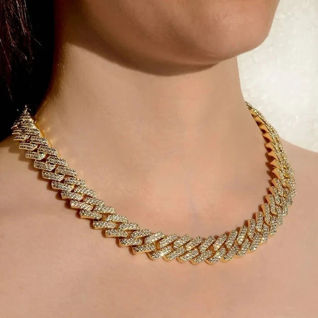 17Ct Round Lab-Created Diamond Womens 15mm Cuban Chain Necklace Gold Plated 925