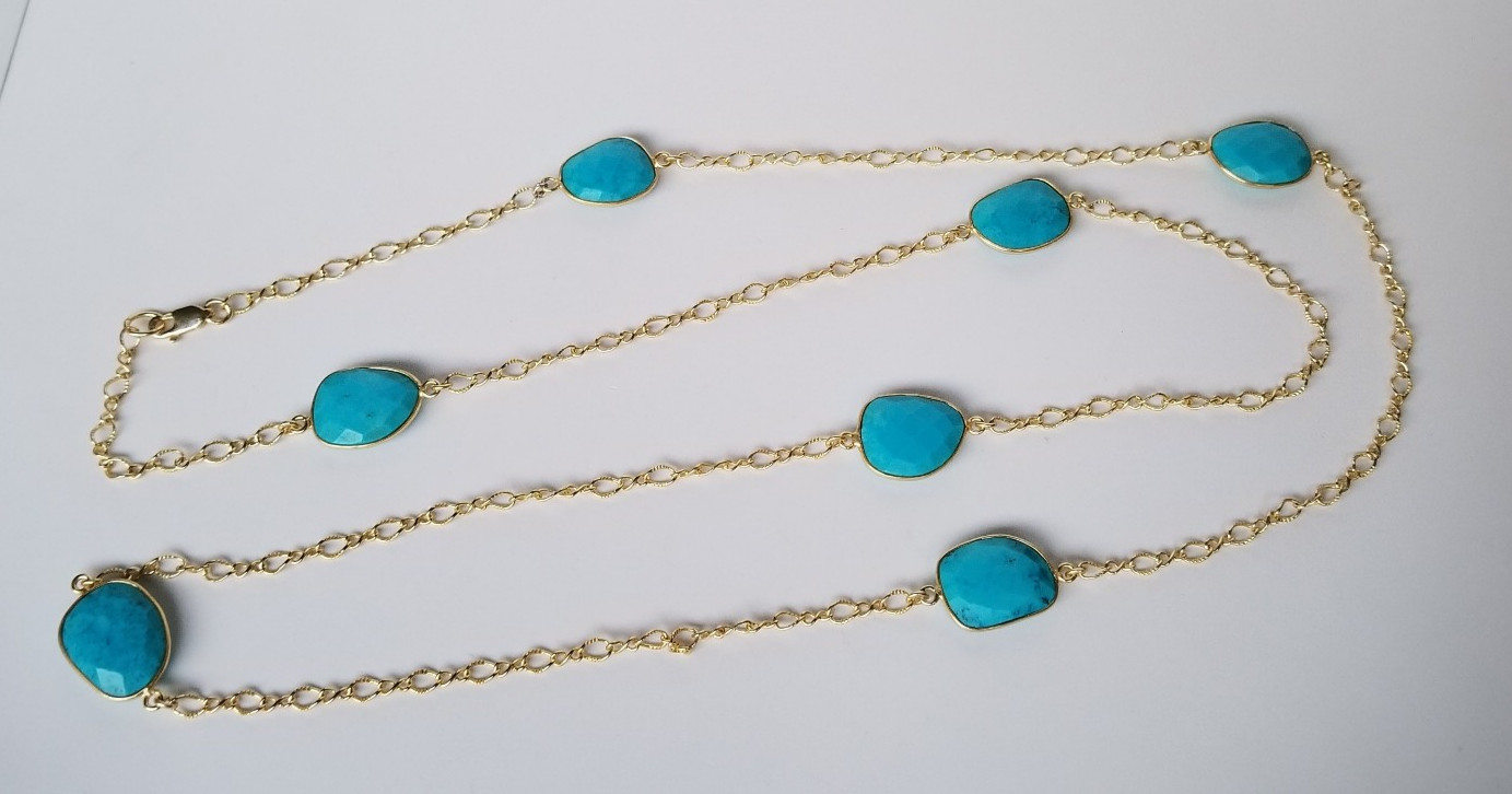 Natural Blue Gemstone, Gold over 925 Sterling Silver Station Necklace 36 In