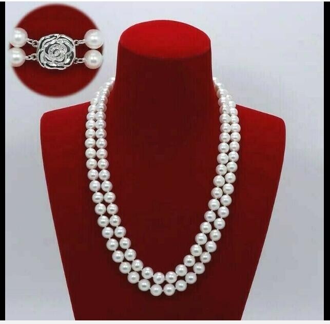 Double Strand AAAA 9-10mm Natural round Akoya White Pearl Necklace 24 inch 925s