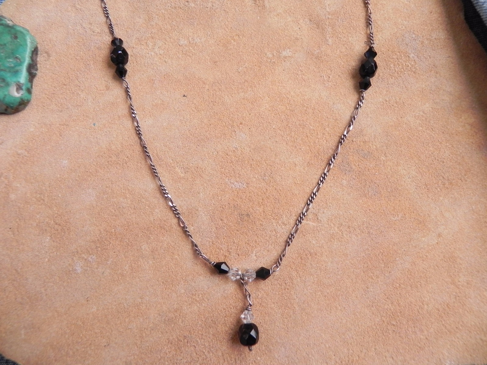 Sterling Silver Y Necklace with Faceted Crystals Black & Clear 18″