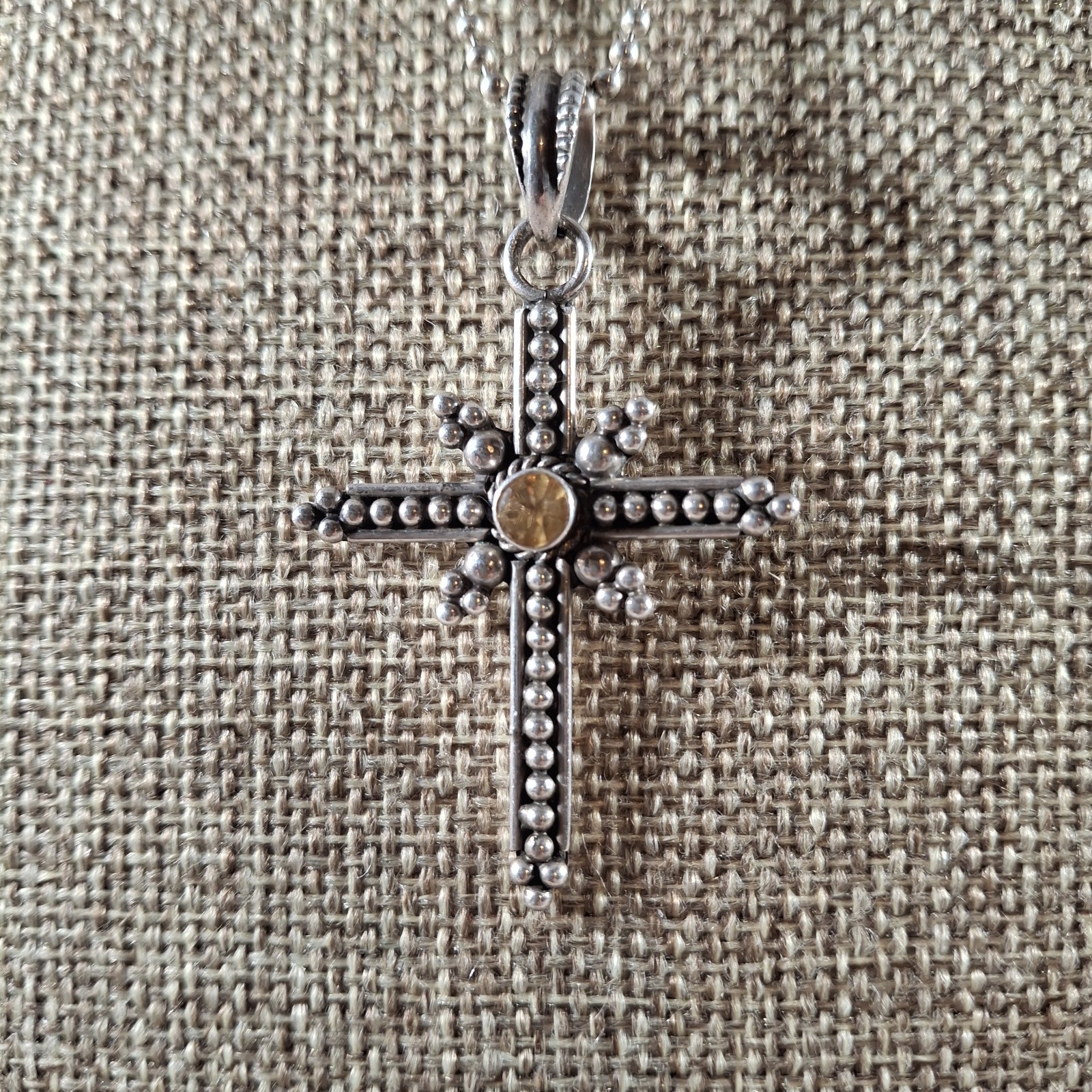 Vintage Taxco Sterling Silver Beaded Citrine Gem Cross Pendant Necklace 21 in