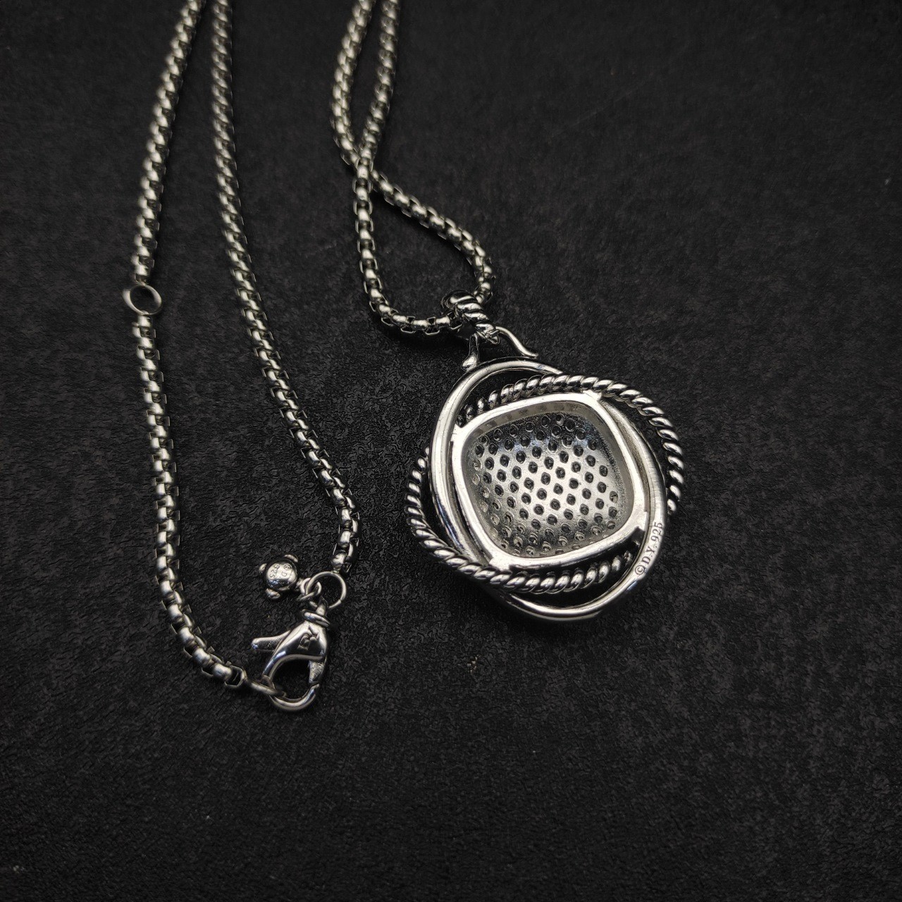 David Yurman 925 Sterling Silver Pavé Diamond Square Cable Frame Pendant Necklac