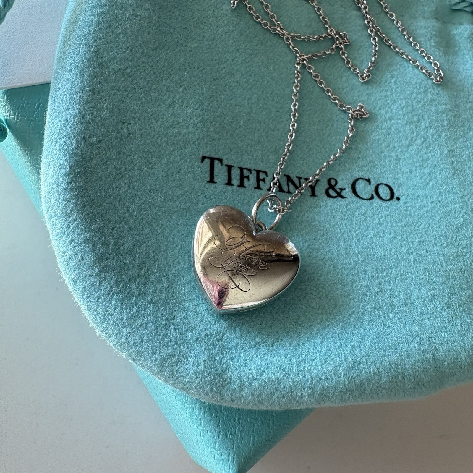 Tiffany & Co. Sterling Silver I Love You Heart Locket Pendant w/18” Chain