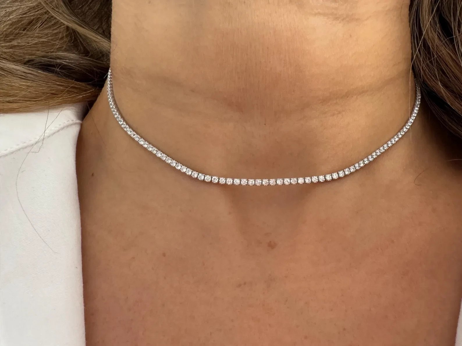 Round Natural Diamond GH/VS-SI Dainty Gift Tennis Necklace 16″ 14k White Gold