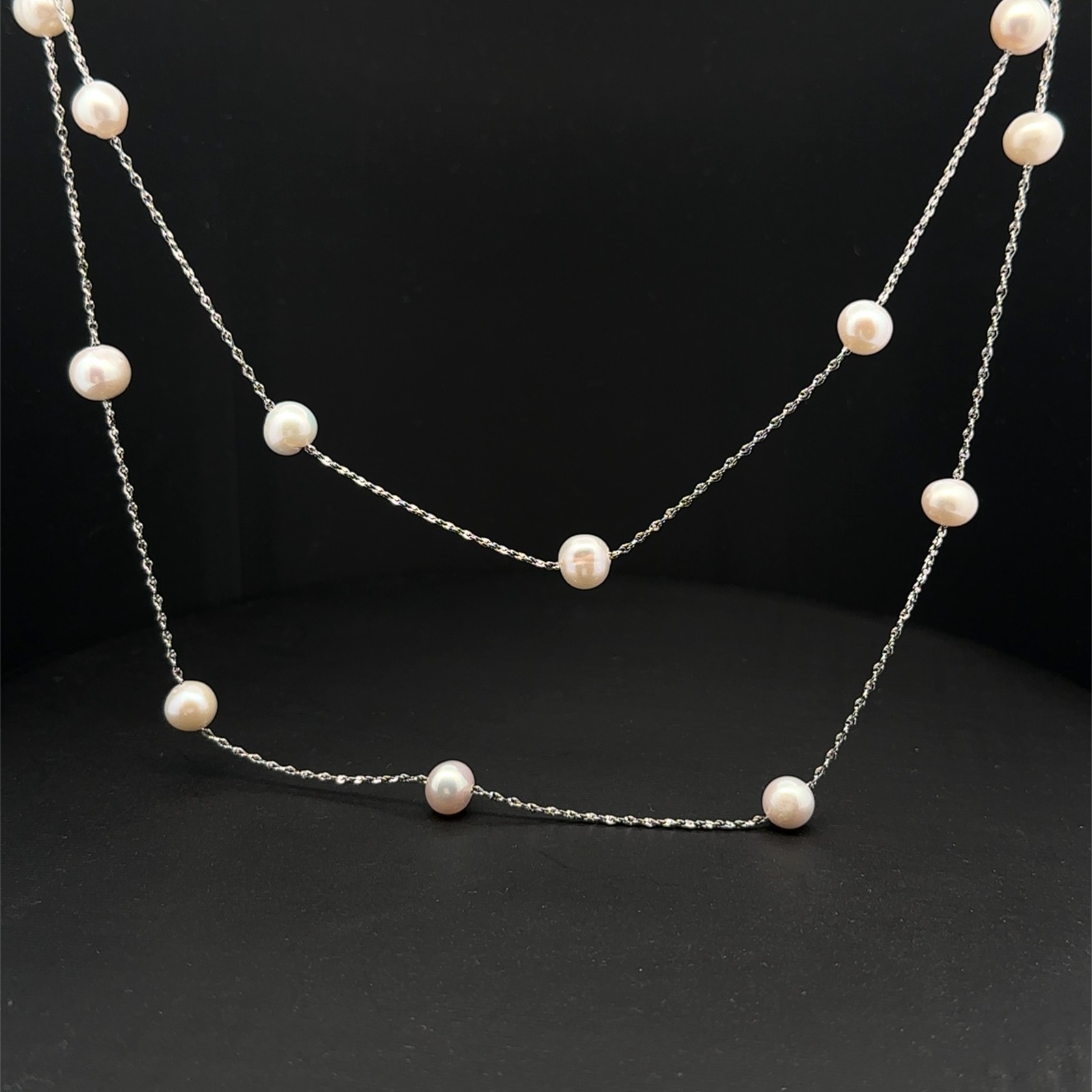 Sterling Silver White Freshwater Pearl Thin Chain Necklace (7.5mm Pearls) 36 In.
