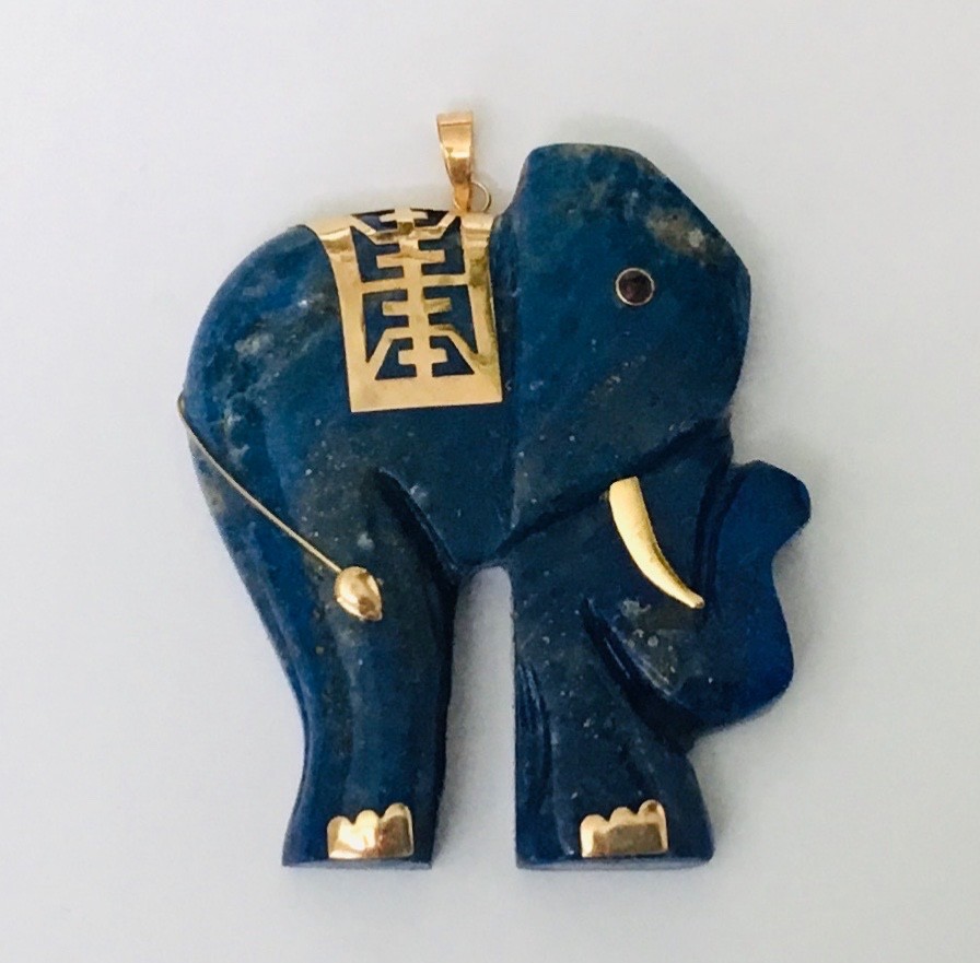 Amazing Extra Large Blue Lapis Elephant With Solid 14K Gold pendant NEW