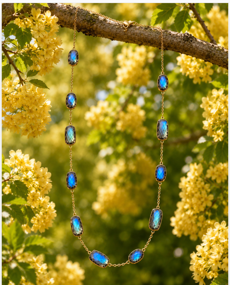 RARITIES Carol Brodie Labradorite Station Necklace 18″ Gold Vermeil NIB Card