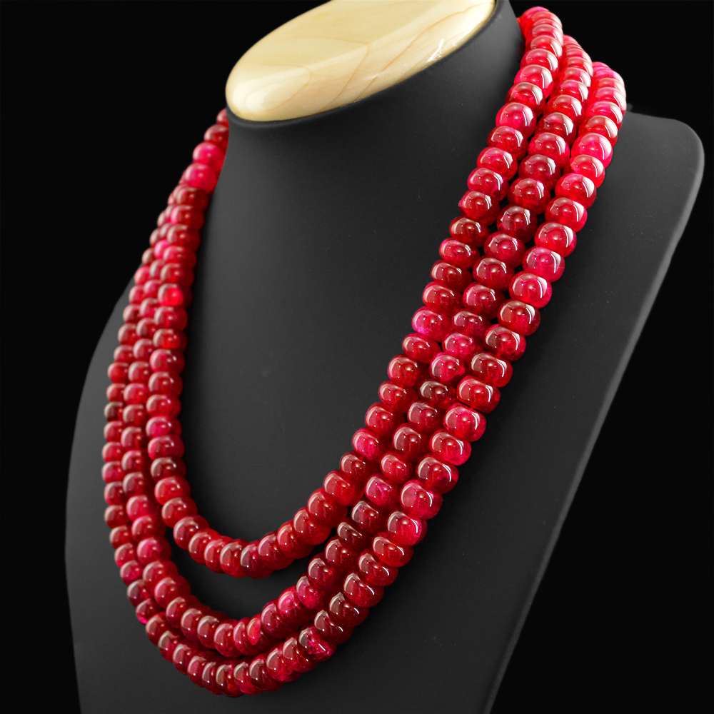GENUINE 958.50 CTS EARTH MINED 3 STRAND ENHANCED RUBY ROUND BEADS NECKLACE (DG)